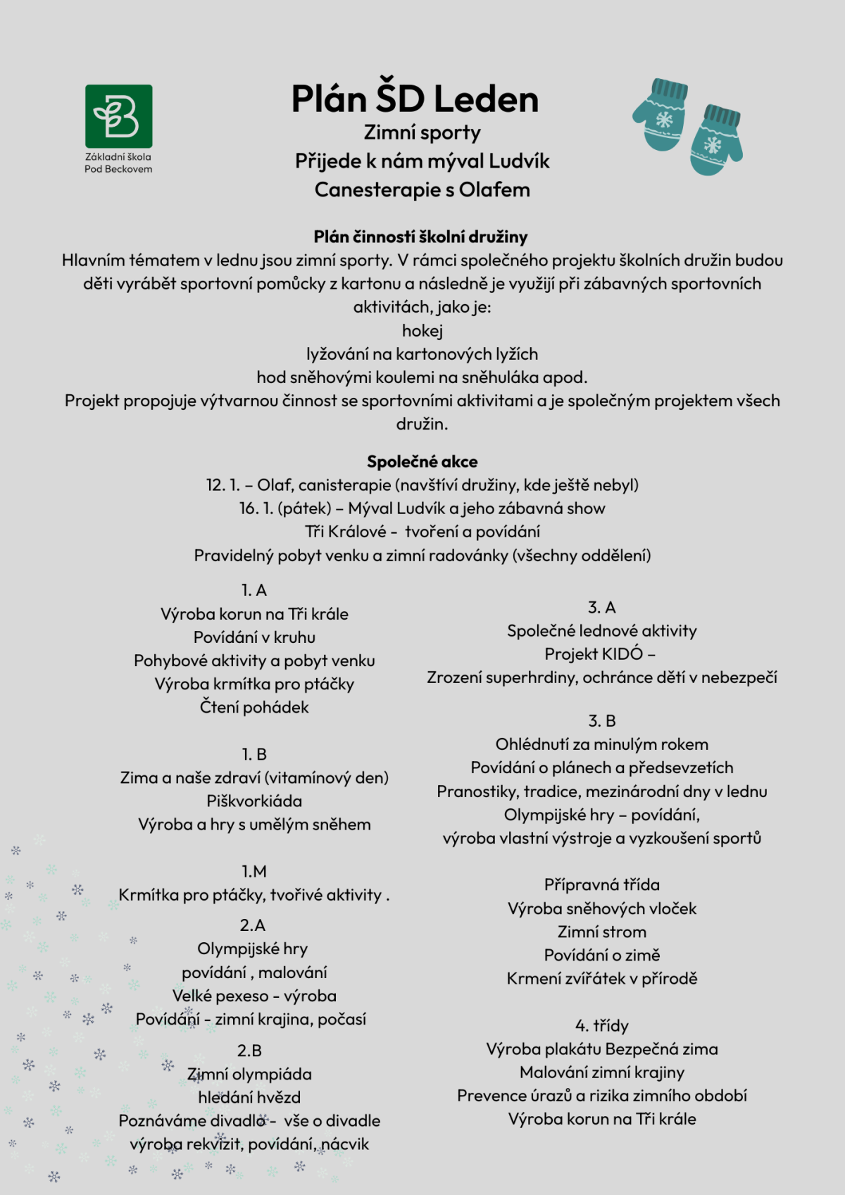 Plán školní družiny leden 2026