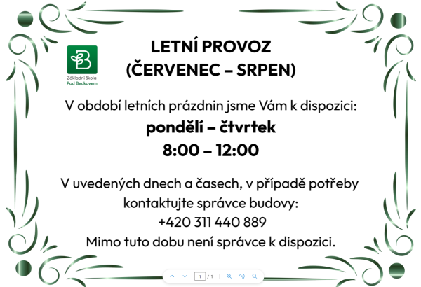 Provoz školy během hlavních prázdnin